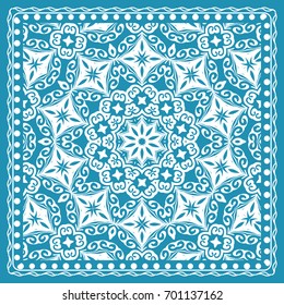 Design of the Silk Shawl Print with Geometric Flower Pattern. Vector illustration. Blue. For Print Bandana, Shawl, Carpet