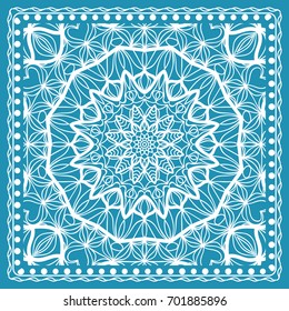 Design of the Silk Shawl Print with Geometric Flower Pattern. Vector illustration. Blue. For Print Bandana, Shawl, Carpet
