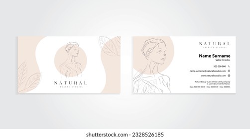 Design of a simple business card for a beauty brand. Character drawn with one line, floral motifs one line. Soft colors, rounded shapes. Corporate identity, minimalist design.