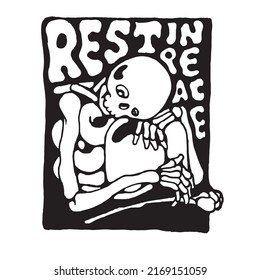 a design, simple but cool, a skeleton hugging a tombstone with writing on the edge of the design.