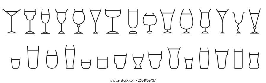 Design simple illustration different  food glasses. Set of minimal vector silhouettes drink cocktail or alcohol isolated on white background. Collection outline symbols various shapes.