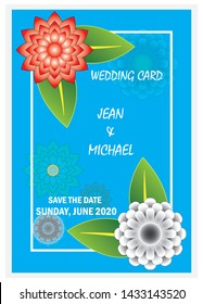 DESIGN OF SIMPLE WEDDING CARDS WITH BLUE BACKGROUND AND FLOWER MOTIF