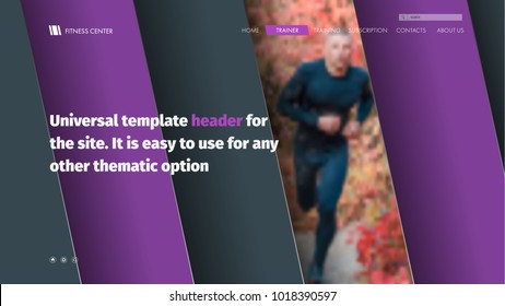 Design Site Header With Diagonal Violet-black Lines And Photo. Template Web Banner, Vector Landing Page.