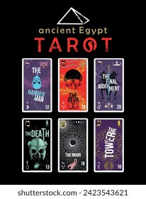 Design for a six-card Egyptian tarot t-shirt. The hung man, the devil, the final judgement, the death, the moon and the tower.