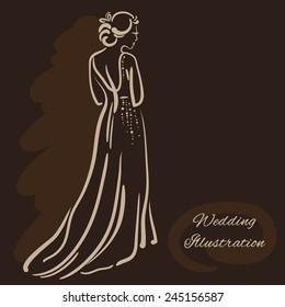 Design sketch with a bride in a long wedding dress standing back on the dark brown background.