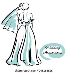 Design sketch with a bride in a long wedding dress standing back on the white background.