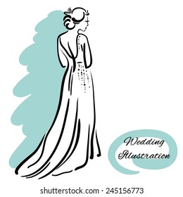 Design sketch with a bride in a long wedding dress standing back on the white background.