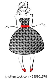 Design sketch with a female in a black dress with seamless pattern.