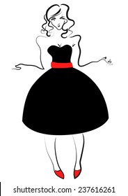 Design sketch with a female in a black dress and red shoes .