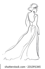 Design sketch with a female in a long dress standing back. Bride.