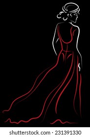 Design sketch with a female in a long red dress standing back.