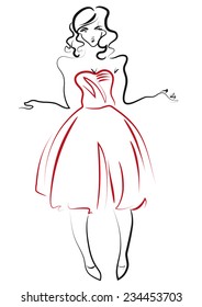 Design sketch with a female in a long red dress standing back.