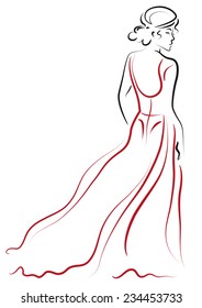 Design sketch with a female in a long red dress standing back.