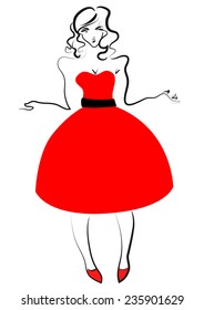 Design sketch with a female in a red dress and shoes .