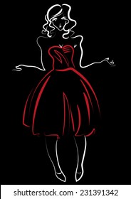 Design sketch with a female in a short red dress looks surprised.