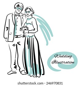 Design sketch with a groom and a bride in a long wedding dress on the white background. Happy couple.