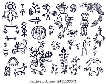Design sketch set with northern styled ornament and doodle elements of unuit, chukchi, American native art, mystical emblems
