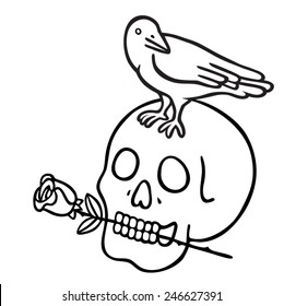 Design of skull with flower between teeth and perched raven. Naive art. Tattoo design