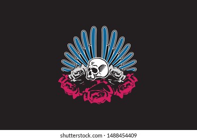 Design of skull with roses, wings and roses