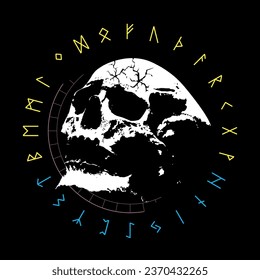 Design for a skull t-shirt surrounded by the runic alphabet. Viking illustration for rock and roll poster.