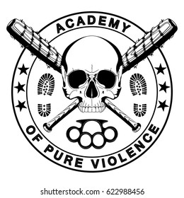 Design of a skull and two crossed baseball bats covered with barbed wire, brass knuckles and the inscription - Academy of pure violence, isolated on white vector illustration