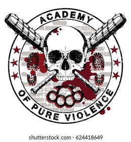 Design of a skull and two crossed baseball bats covered with barbed wire, brass knuckles and the inscription - Academy of pure violence, isolated on white vector illustration