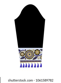 Design sleeve with border of patches with flowers, embroidered sequins, beads and pearls and fringe. Vector illustration.