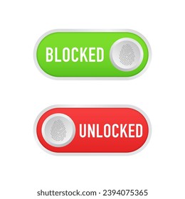 Diseñar deslizadores y botones de color rojo y verde con huella dactilar. Plantillas de un sitio web o aplicación para habilitar o deshabilitar la protección o el bloqueo. Ilustración del vector