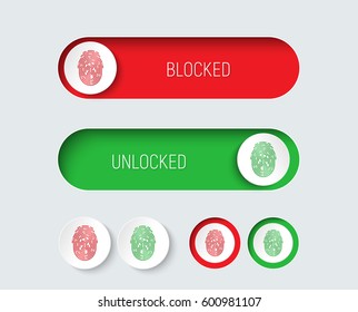 Design sliders and buttons red and green with a fingerprint. Templates for a website or application, to enable or disable protection or blocking. White interface. Vector illustration