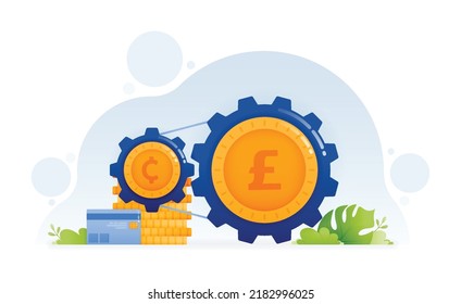 Design of small coins spinning big coins on conveyor belts metaphor of investment finance system and growing economy. Illustration can be for landing page website web poster banner mobile apps ads
