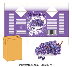 Design of small juice or milk shake box. Fruit drawn by color pencils - grape. Die-stamping. Vector template