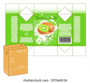 Design of small juice or milk shake box. Fruit drawn by color pencils - kiwi. Die-stamping. Vector template