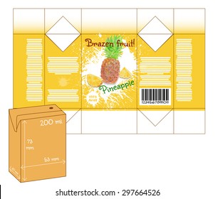 Design of small juice or milk shake box. Fruit drawn by color pencils - pineapple. Die-stamping. Vector template