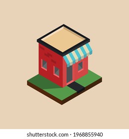 Design of a small shop or cafe in 3d isometric. Vector illustration of a retail outlet. Point of issue of goods. Isometric building, shop icon. 