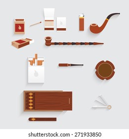 Design smoking set. There are tobacco pipes, cigarettes, matches, ashtray, tobacco