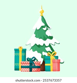 Design of snow covered festive tree with decorated presents at the bottom on white background in vector style. Design of isolated Christmas tree with presents on white background