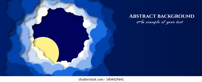 Design for social caps, signage, horizontal banners with sky and clouds. Night, moon. Paper cut pattern. Vector illustration