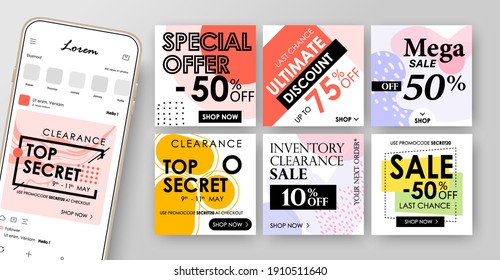 Design Social Media Banners. Design of advertising in social networks. A set of banners square shape for mobile phones and tablets. Vector Mockup.