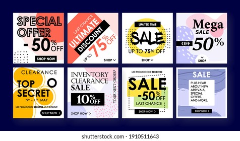 Design Social Media Banners. Design of advertising in social networks. A set of banners square shape for mobile phones and tablets. Vector Mockup.