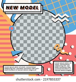 design social media posts to introduce new items or new models with a vintage pop art 80s 90s theme with a square size