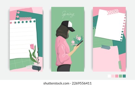 Design for social media. Set of spring stories templates. Mockup for personal blog. Scrapbook composition with notes paper, tapes, flowers elements and photo frame. Vector illustration in spring color