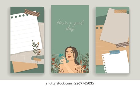 Diseño para medios sociales. Conjunto de plantillas de historias de primavera. Tragedia para un blog personal. Composición de cuadernillo con notas de papel, cintas, elementos florales. Ilustración del vector