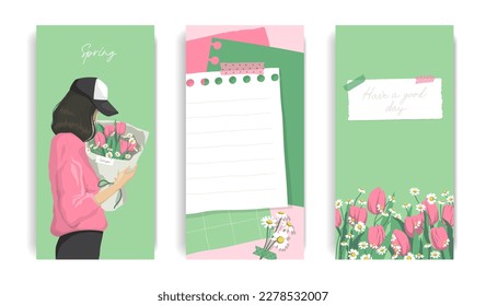 Design for social media. Set of spring stories templates. Mockup for personal blog. Scrapbook composition with notes paper, tapes, flowers elements and photo frame.