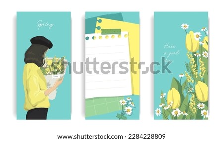 Design for social media. Set of spring stories templates. Mockup for personal blog. Scrapbook composition with notes paper, tapes, flowers elements and photo frame.