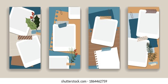 Design for social media. Set of winter stories templates. Mockup for personal blog. Scrapbook composition with notes paper, tapes, flowers elements and photo frame. Vector illustration