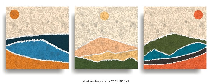 Design For Social Media Template, Web Banner. Torn Paper. Vector Landscape Illustration. Boho Grunge Wall Art Concept. Hills, Seascape, Mountains. Japanese Wave Line Pattern. Mountain Background.