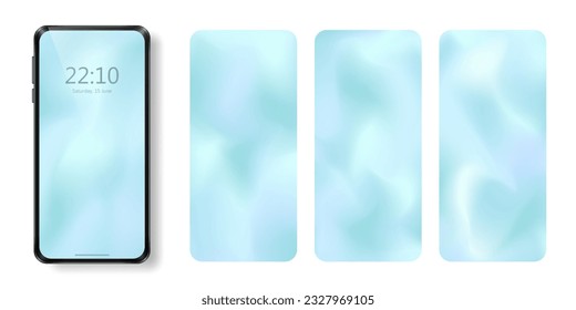 Design of soft blue wavy screen wallpaper for mobile phone. Set of horizontal silky pastel cyan smartphone backgrounds with gradient defocused soft pattern. Layout of lock screen, screensavers