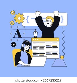 Design software development concept for modern web design. People creating program code, engineering and computing projects, programming and processing, doing webpage fixing. Vector illustration.