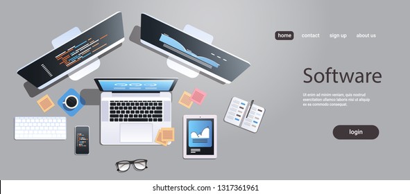 design software development programming concept top angle view desktop computer monitor tablet smartphone laptop screen office stuff horizontal copy space