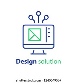 Design solution, prototyping concept, web interface, engineering and development, technical assignment, vector icon, linear illustration